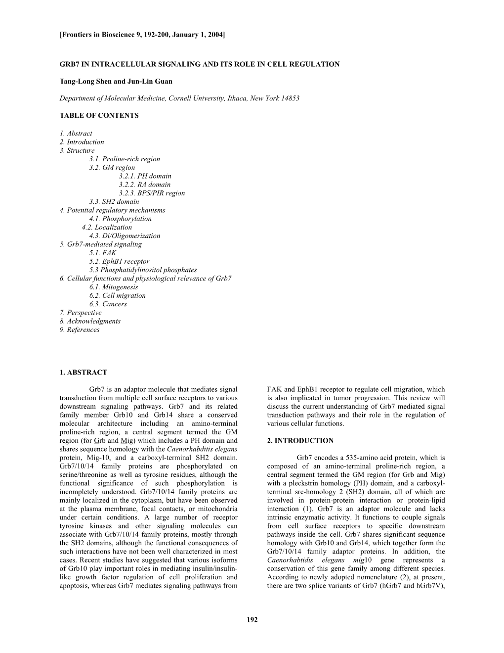 192 Grb7 in Intracellular Signaling and Its Role In