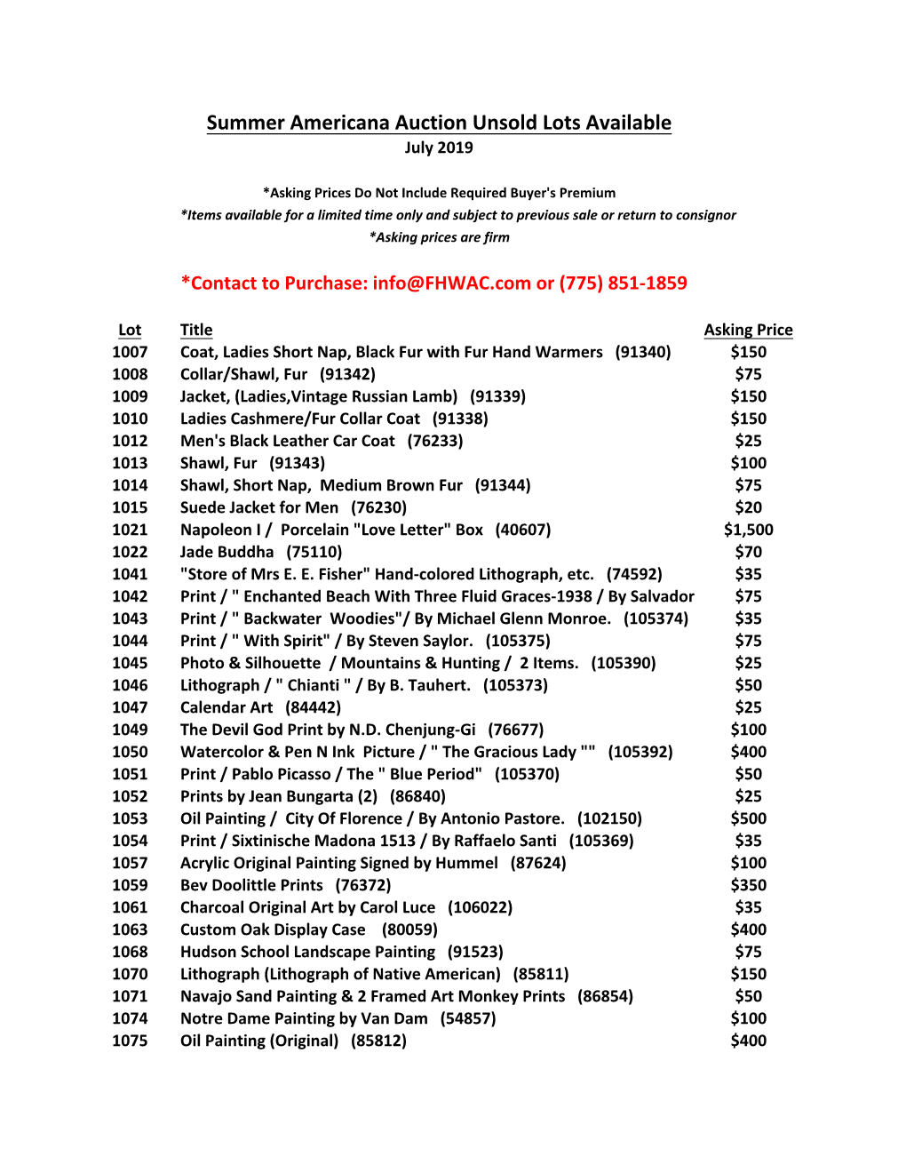 Summer Americana Auction Unsold Lots Available July 2019