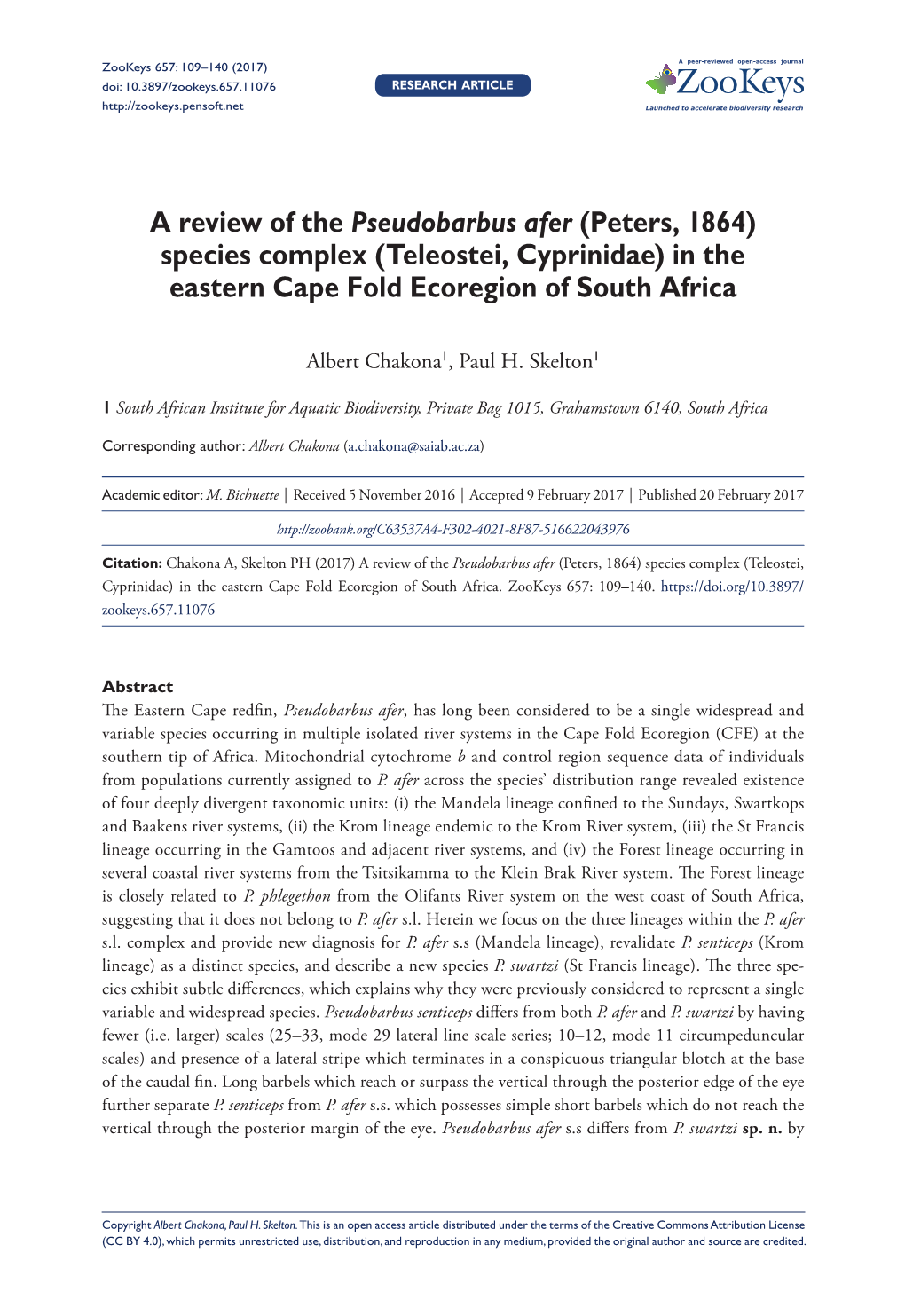 A Review of the Pseudobarbus Afer (Peters, 1864) Species Complex (Teleostei, Cyprinidae) in the Eastern Cape Fold Ecoregion of South Africa