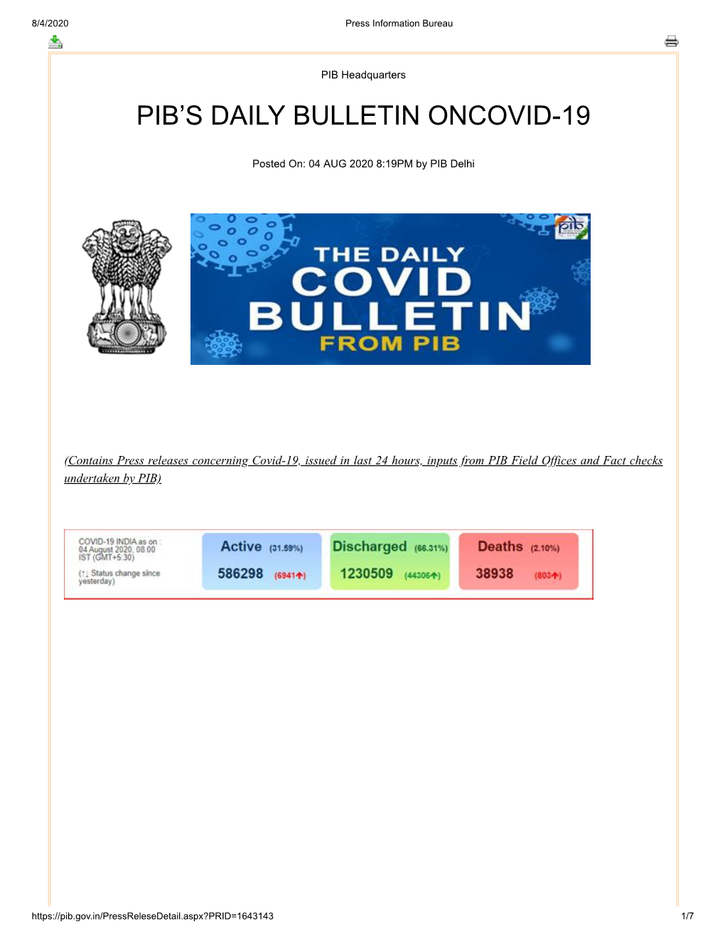 Pib's Daily Bulletin Oncovid-19