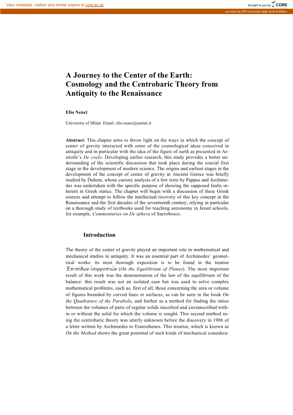 A Journey to the Center of the Earth: Cosmology and the Centrobaric Theory from Antiquity to the Renaissance