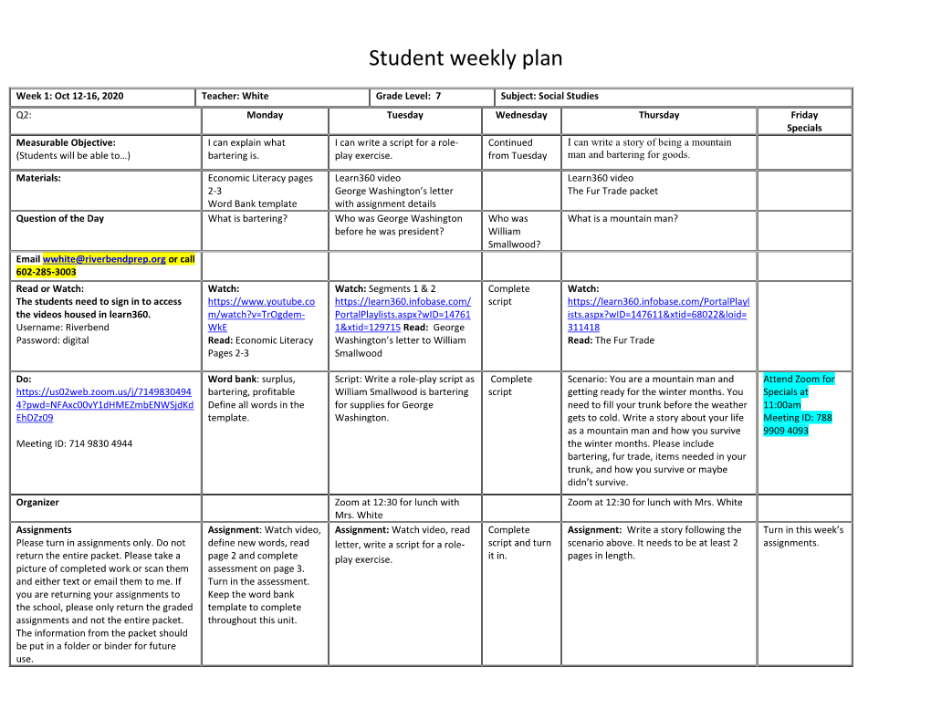 Student Weekly Plan