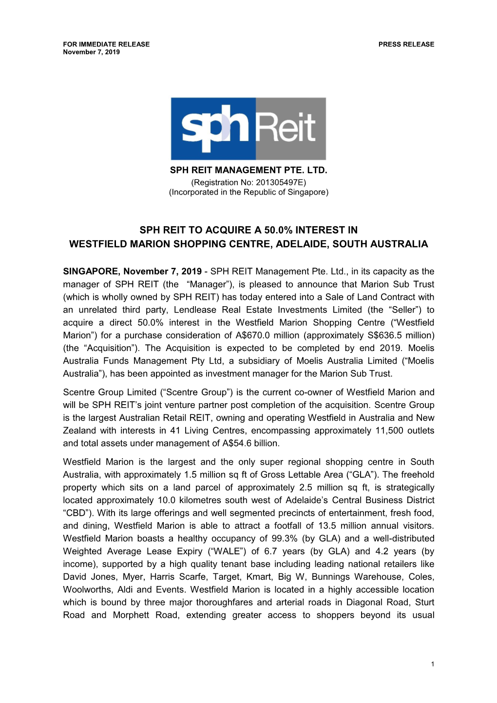 Sph Reit to Acquire a 50.0% Interest in Westfield Marion Shopping Centre, Adelaide, South Australia