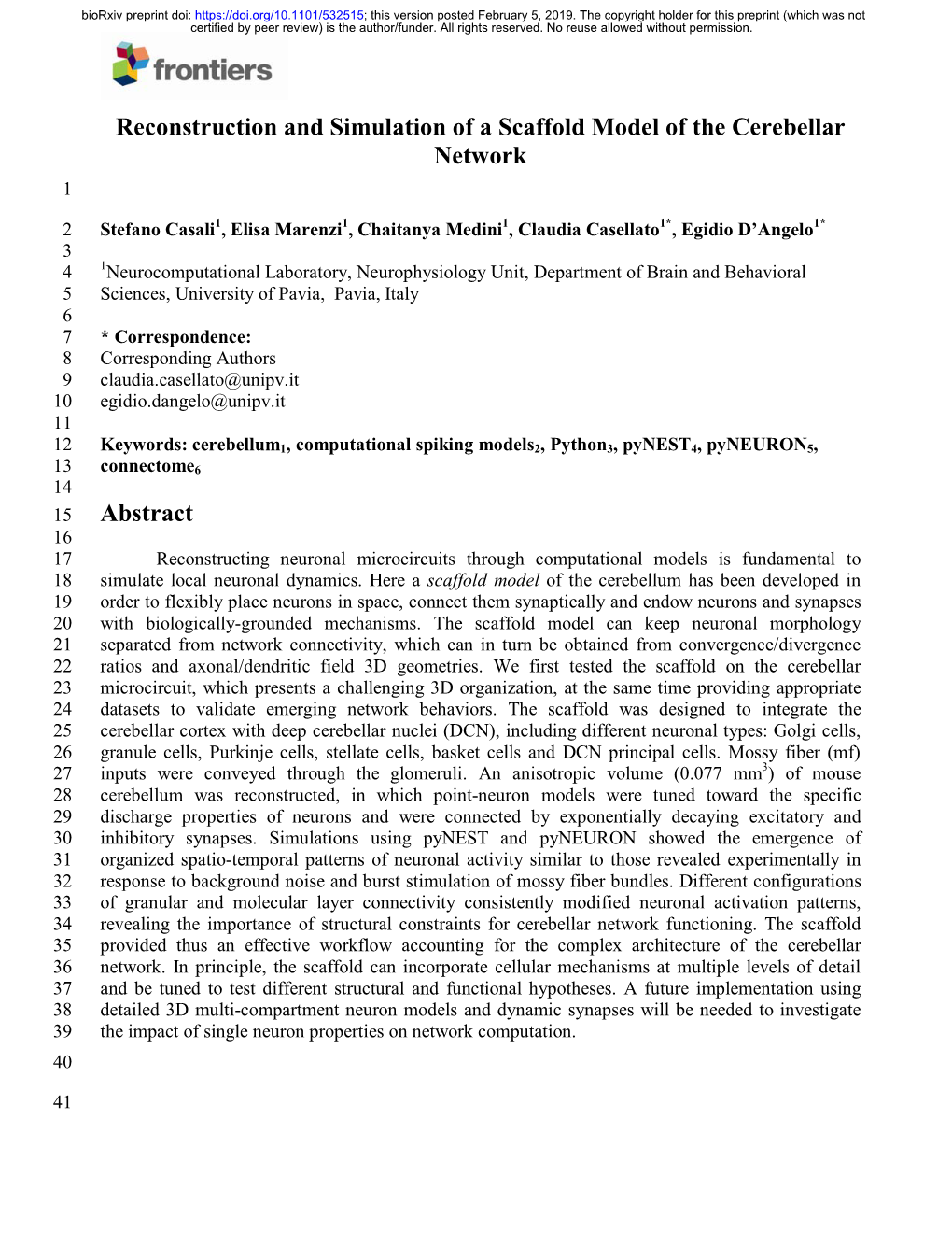 Reconstruction and Simulation of a Scaffold Model of the Cerebellar Network 1