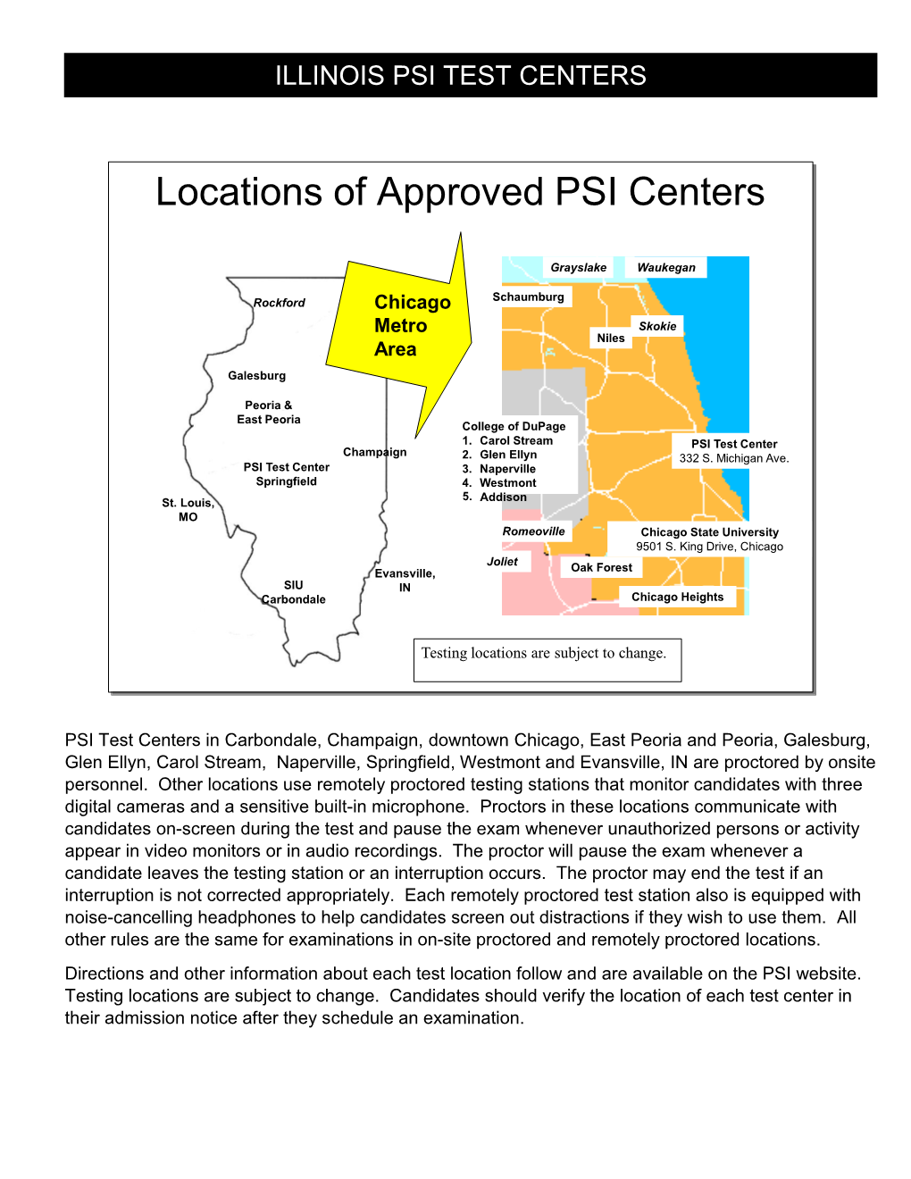 Locations of Approved PSI Centers Locations Of