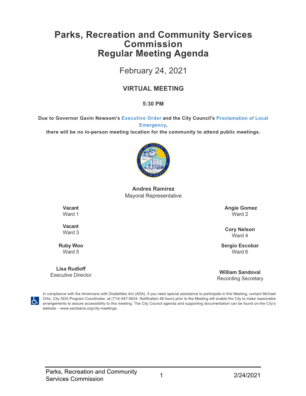 Parks, Recreation and Community Services Commission Regular Meeting Agenda