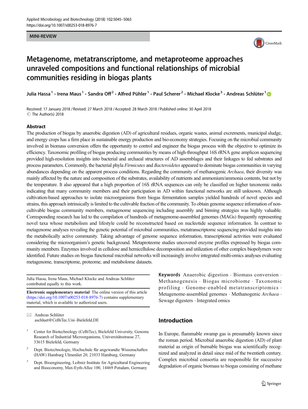 Metagenome, Metatranscriptome, and Metaproteome Approaches Unraveled Compositions and Functional Relationships of Microbial Communities Residing in Biogas Plants