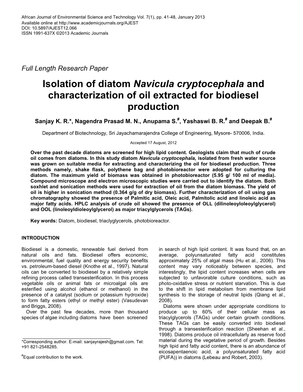 Isolation of Diatom Navicula Cryptocephala and Characterization of Oil Extracted for Biodiesel Production