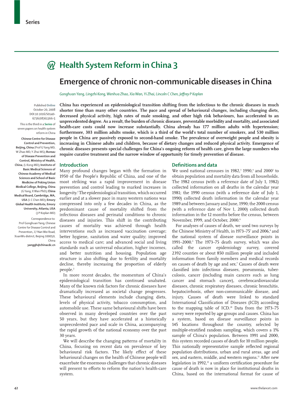 Emergence of Chronic Non-Communicable Diseases in China