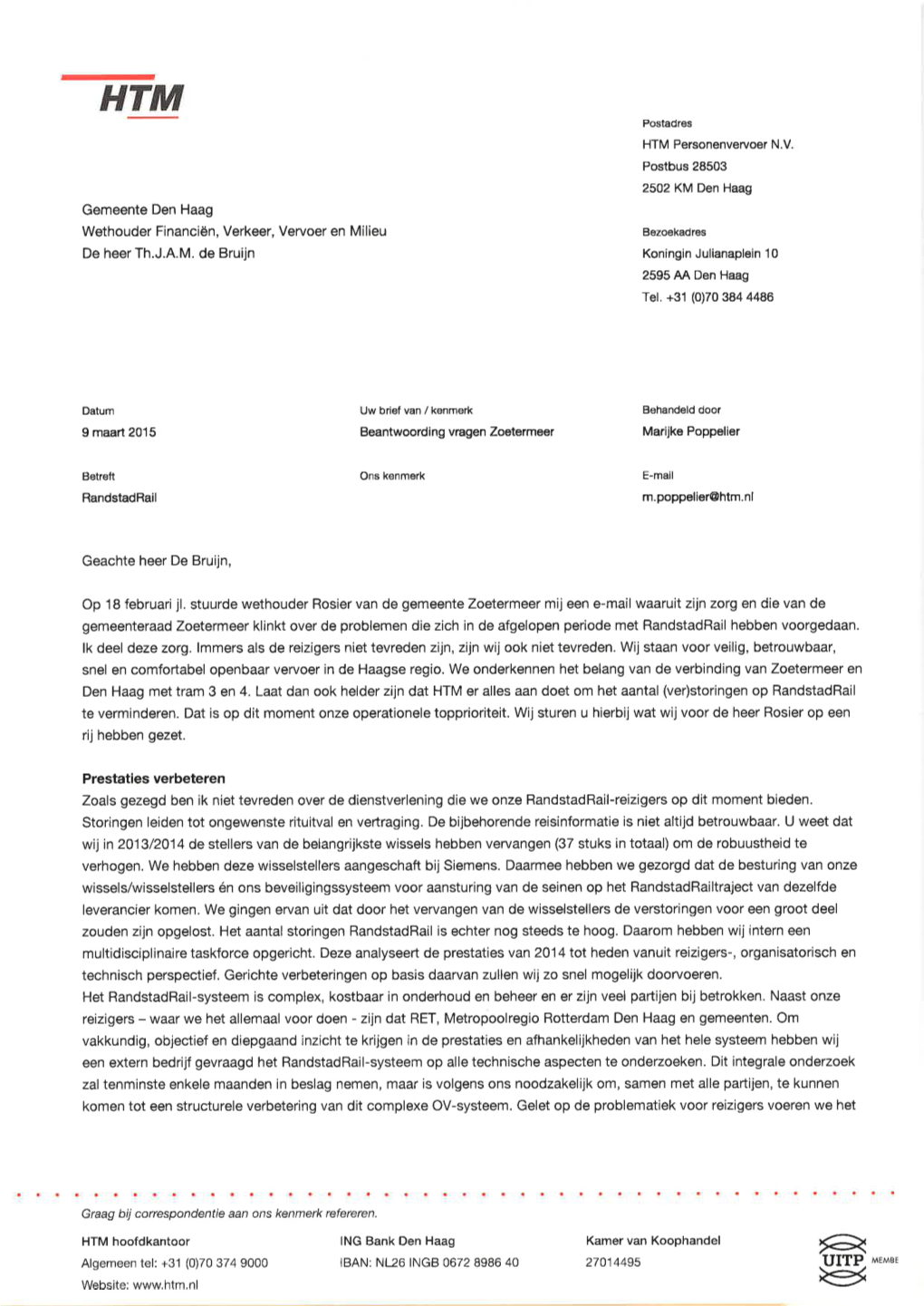 Brief HTM Over Acties Terugdringen Storingen Randstadrail