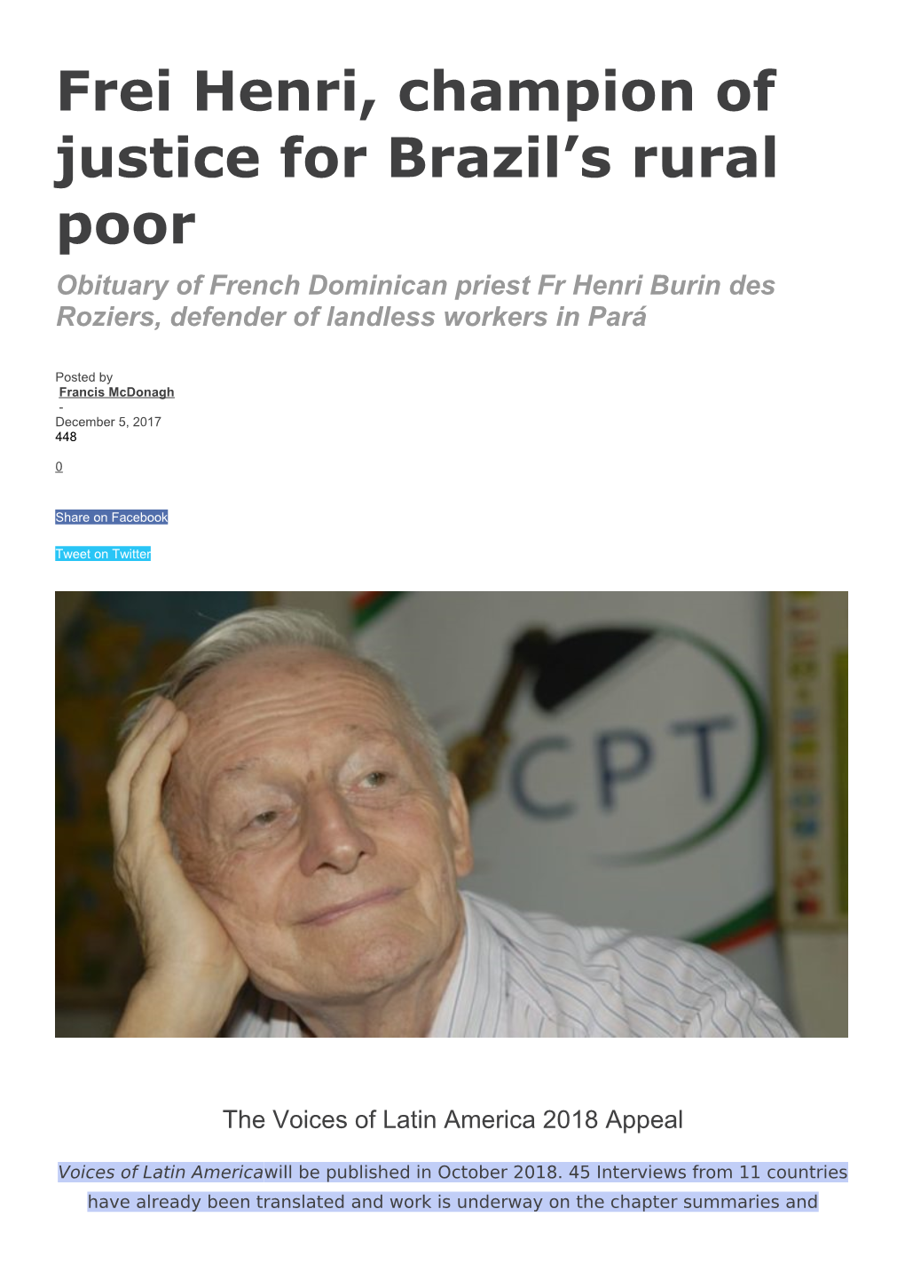 Frei Henri, Champion of Justice for Brazil's Rural Poor