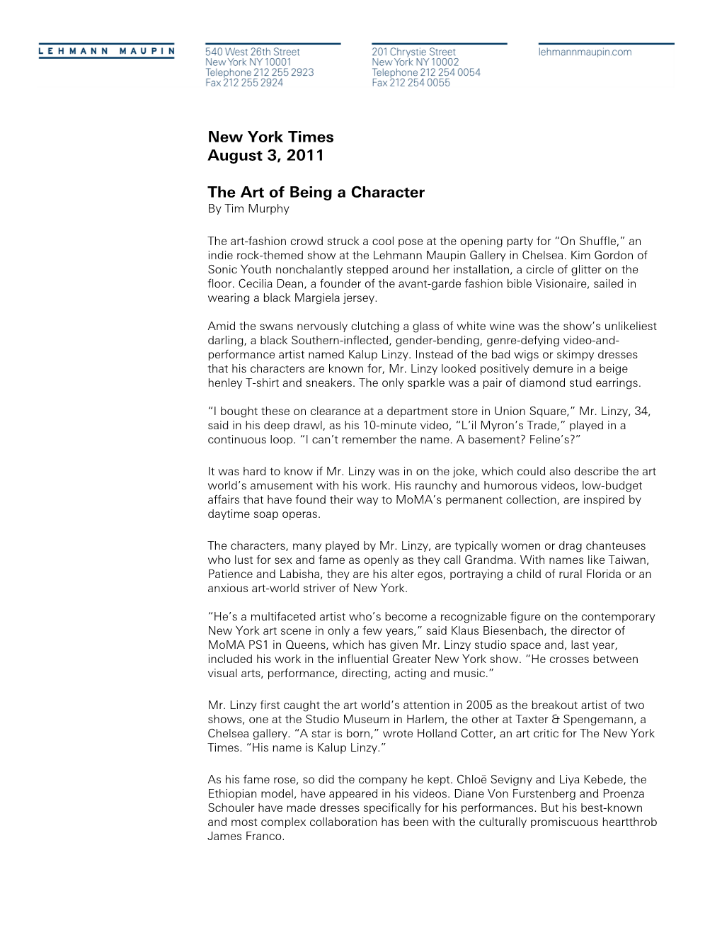 New York Times August 3, 2011 the Art of Being a Character
