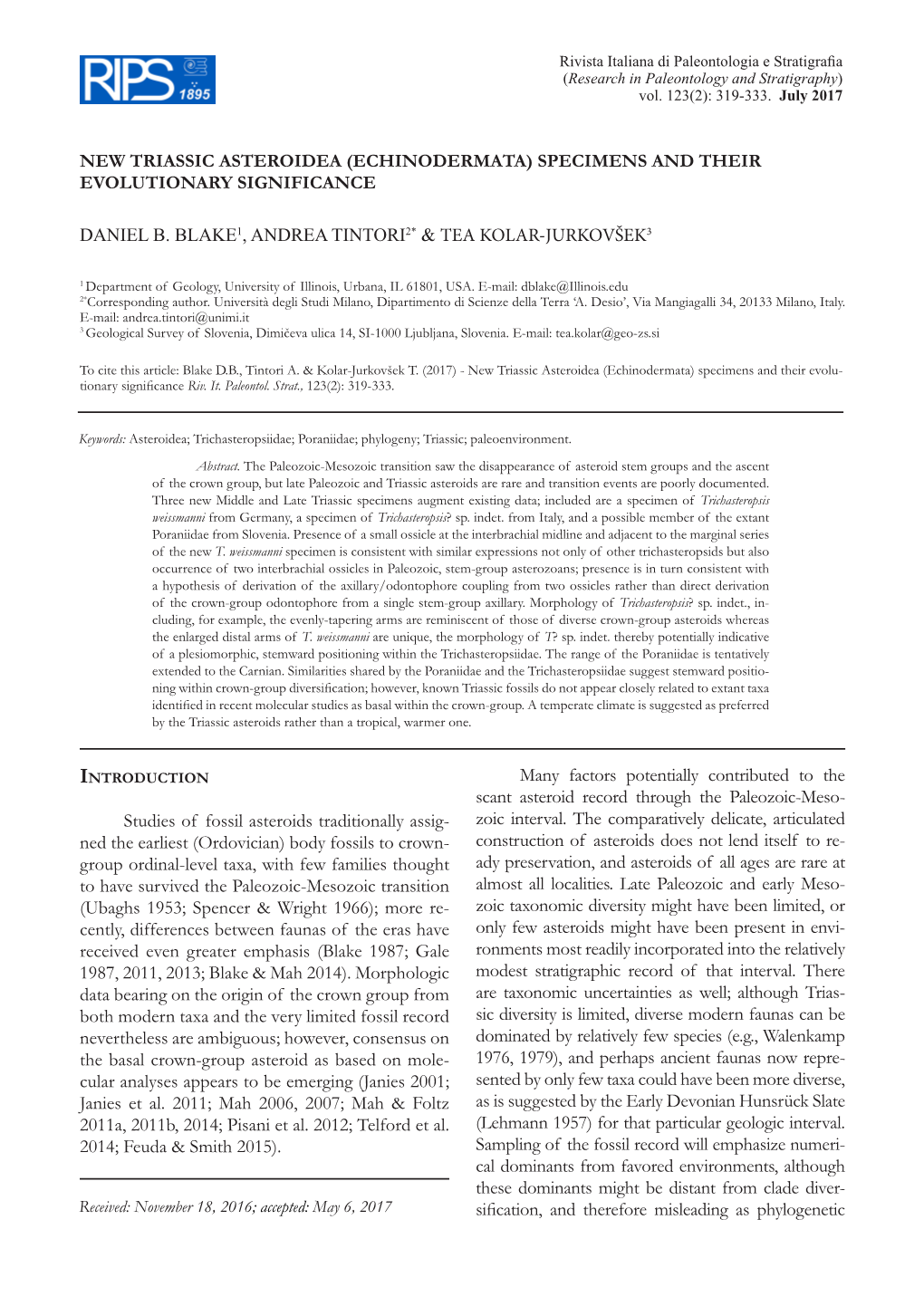 New Triassic Asteroidea (Echinodermata) Specimens and Their Evolutionary Significance