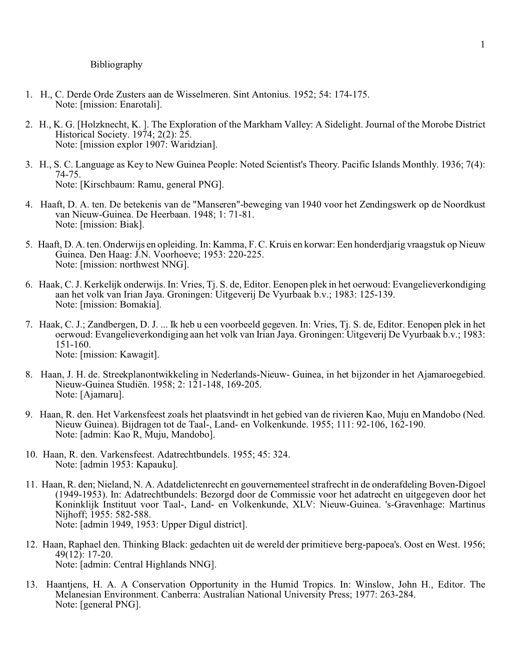 1 Bibliography 1. H., C. Derde Orde Zusters Aan De Wisselmeren. Sint Antonius. 1952; 54: 174-175. Note: [Mission: Enarotali]