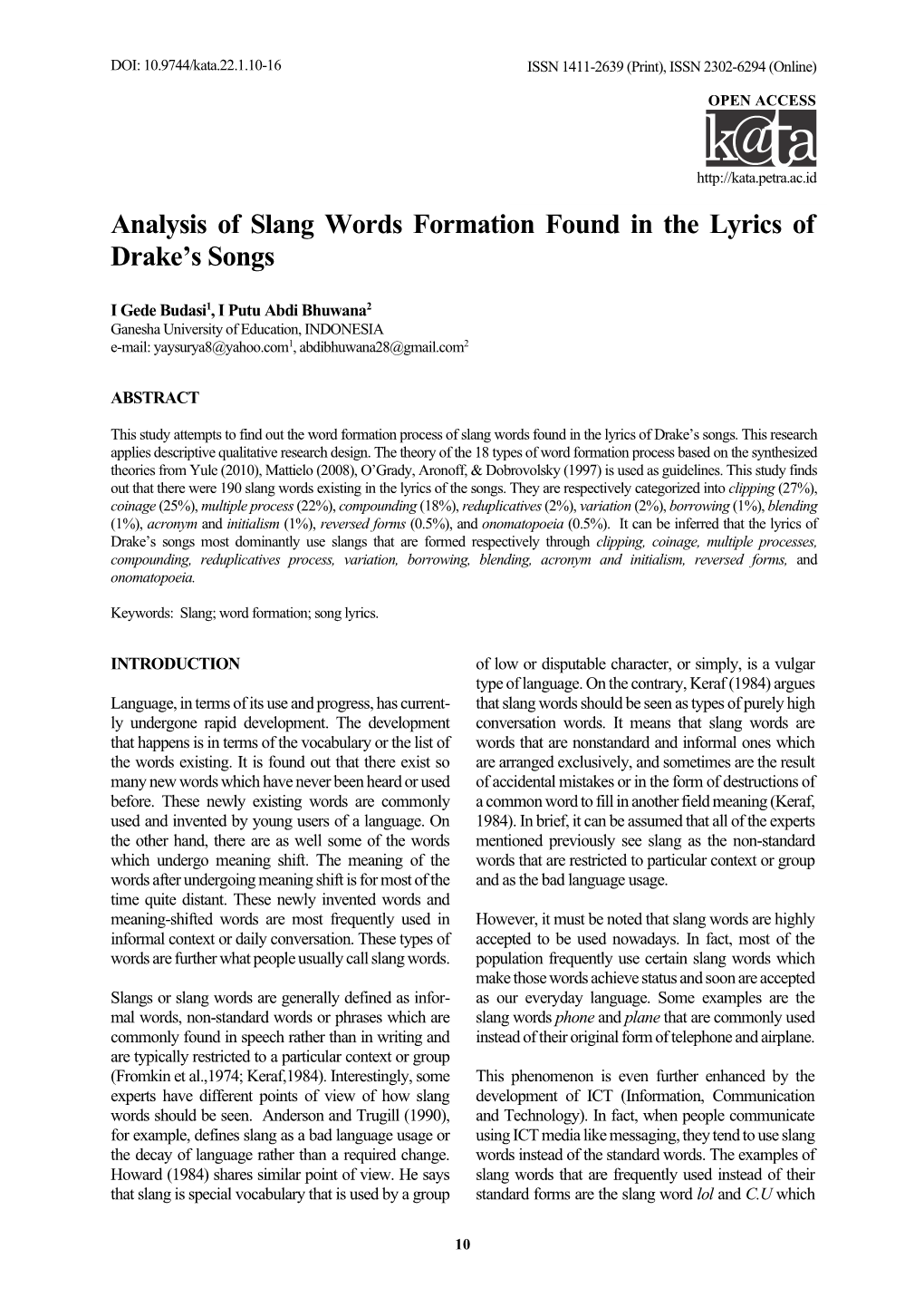 Analysis of Slang Words Formation Found in the Lyrics of Drake's Songs