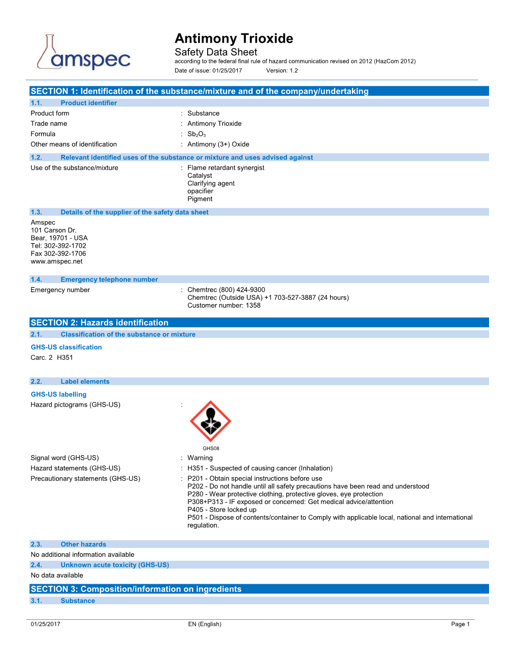 Antimony Trioxide Safety Data Sheet According to the Federal Final Rule of Hazard Communication Revised on 2012 (Hazcom 2012)
