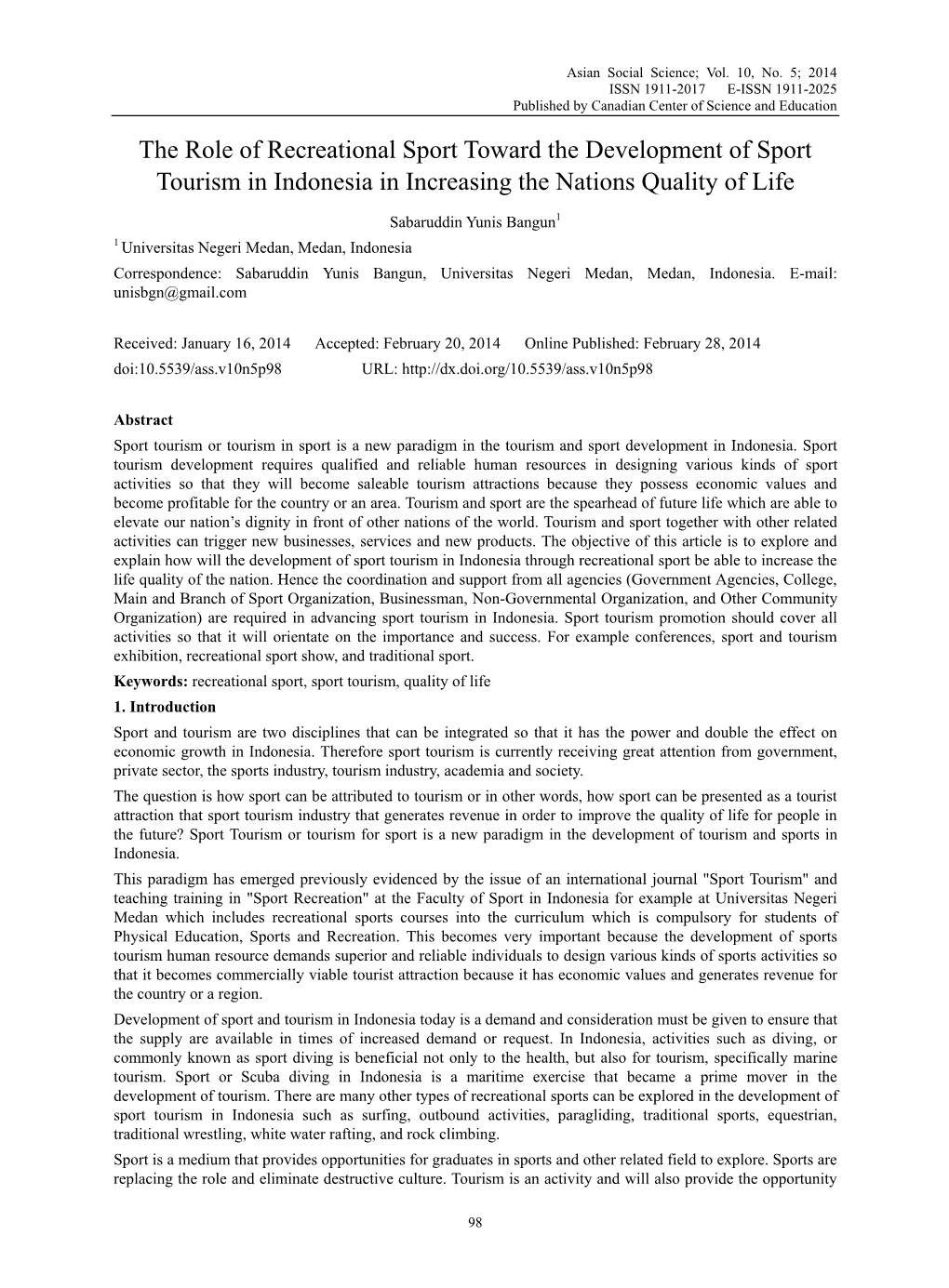 The Role of Recreational Sport Toward the Development of Sport Tourism in Indonesia in Increasing the Nations Quality of Life