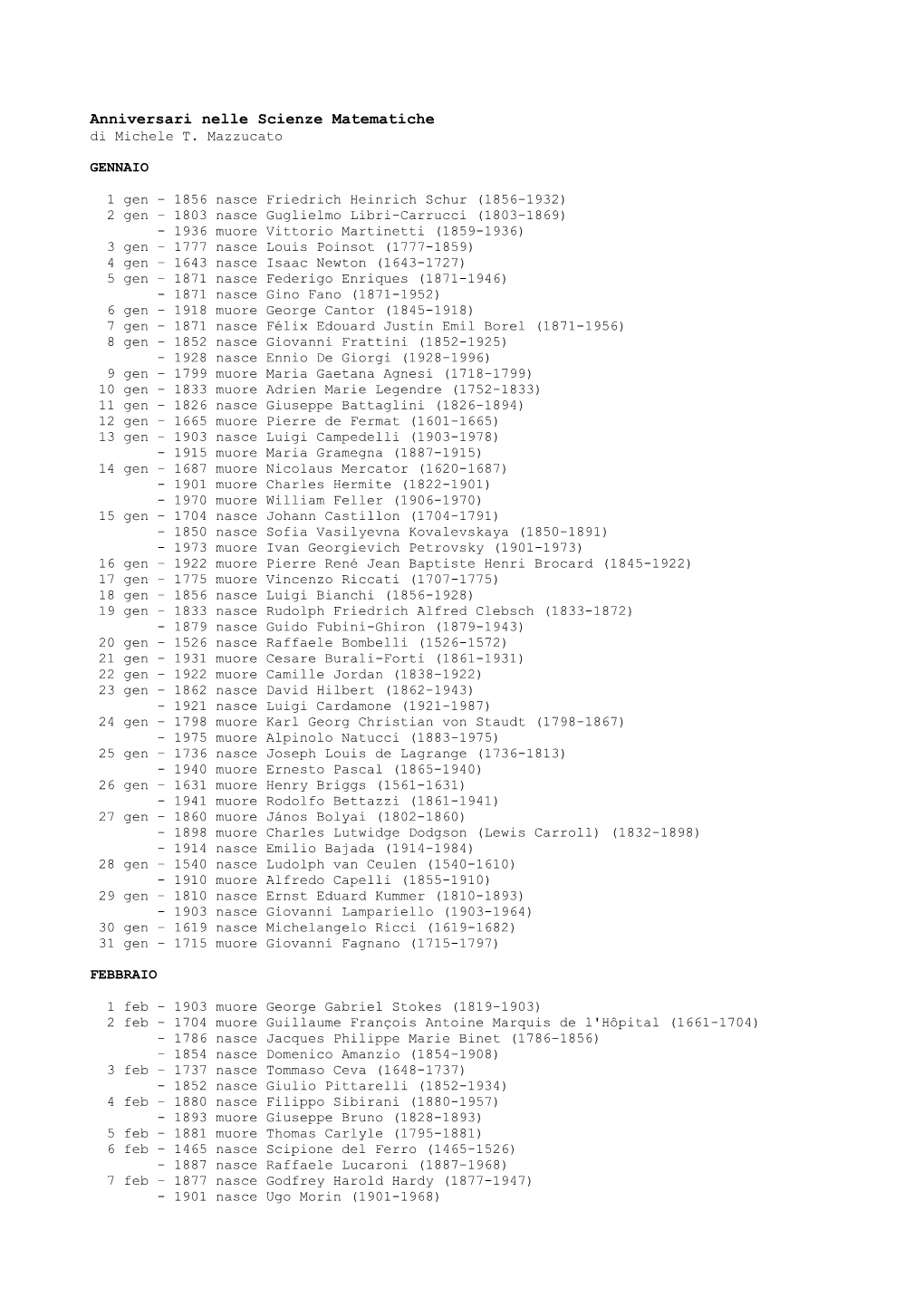 Anniversari Nelle Scienze Matematiche Di Michele T