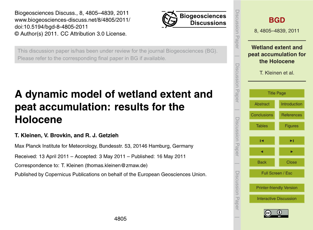 Wetland Extent and Peat Accumulation for the Holocene