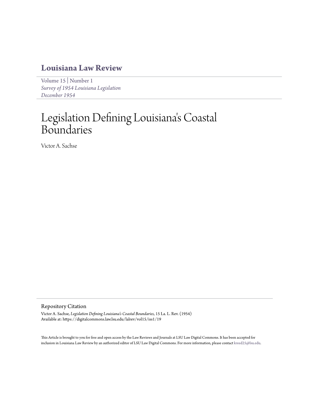 Legislation Defining Louisiana's Coastal Boundaries Victor A