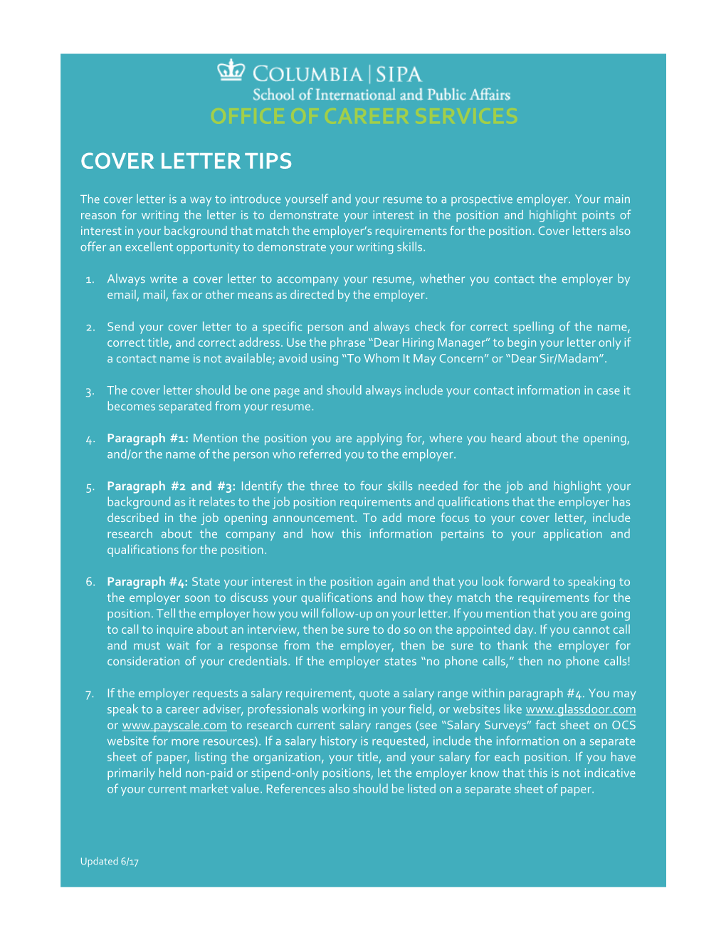 Office of Career Services Cover Letter Tips