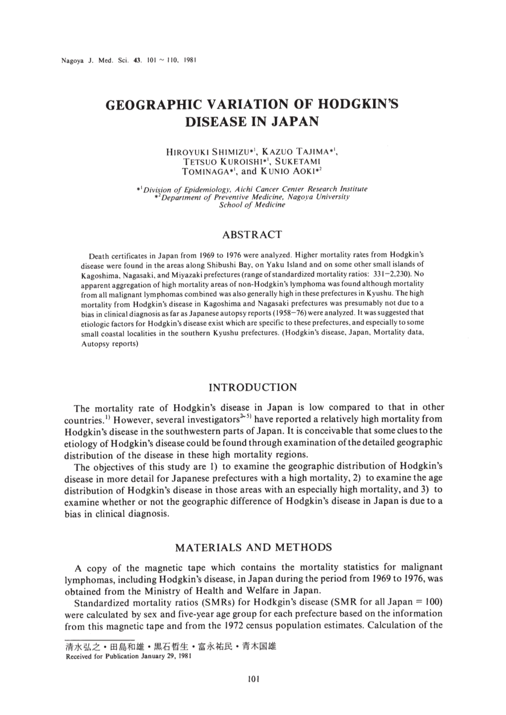 Geographic Variation of Hodgkin's Disease in Japan