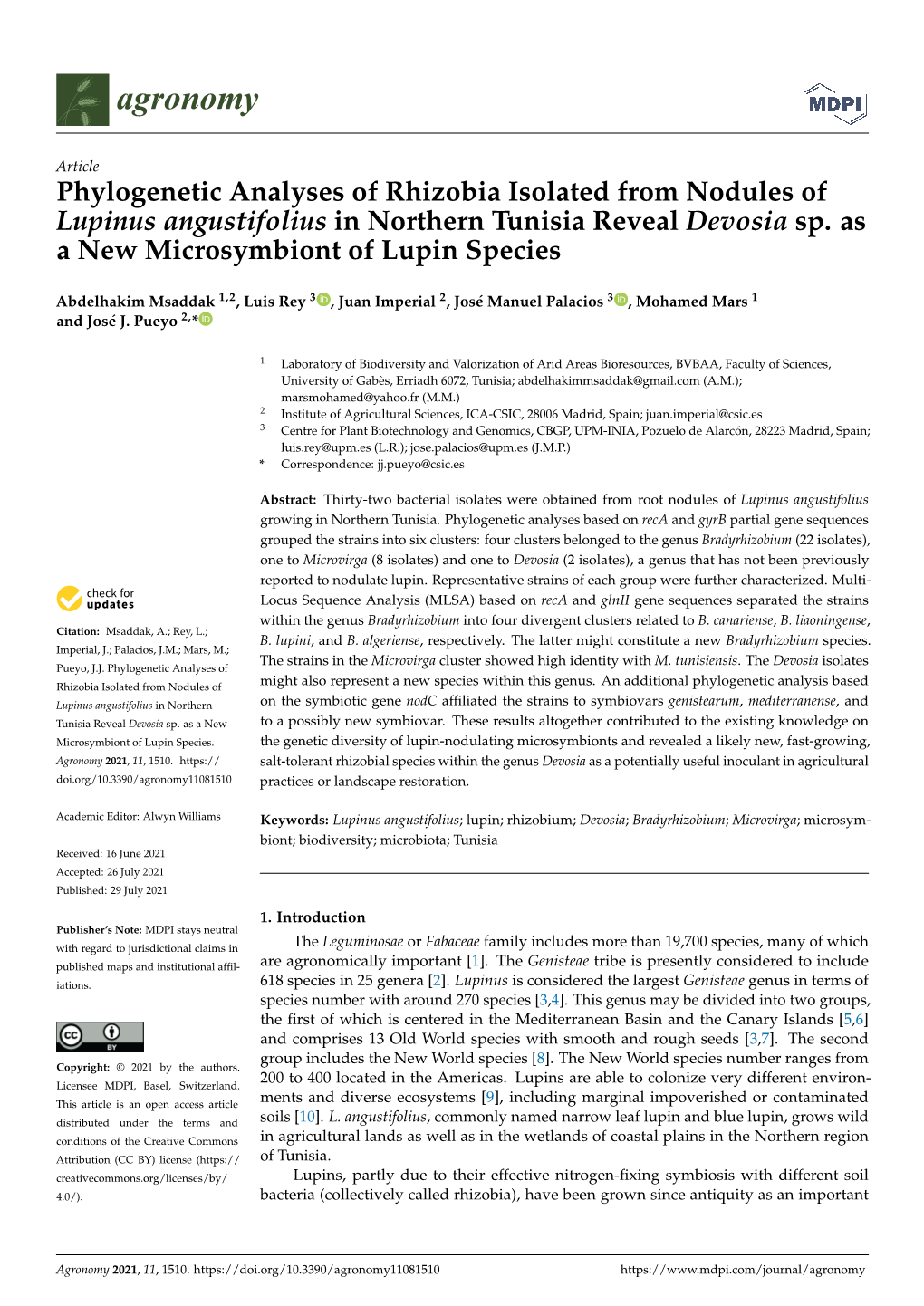 Phylogenetic Analyses of Rhizobia Isolated from Nodules of Lupinus Angustifolius in Northern Tunisia Reveal Devosia Sp. As a New Microsymbiont of Lupin Species