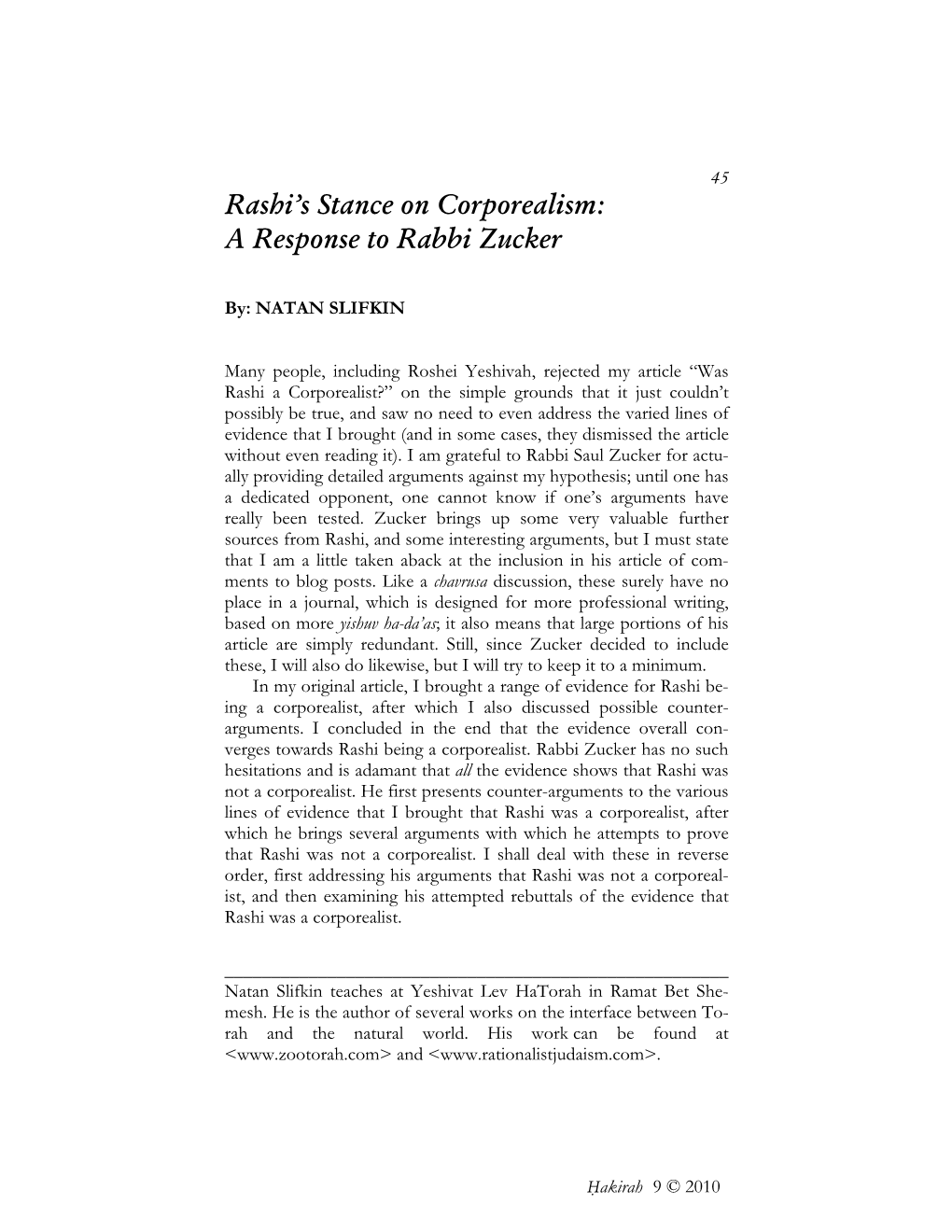 Rashi's Stance on Corporealism: a Response to Rabbi Zucker