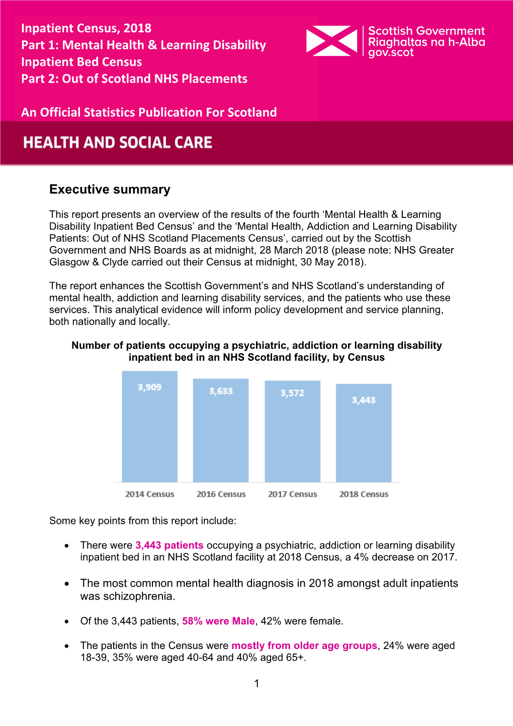 Inpatient Census, 2018 Part 1:Mental Mental Health & Learning Disability Inpatient Bed Census Part 2: out of Scotland NHS Placements