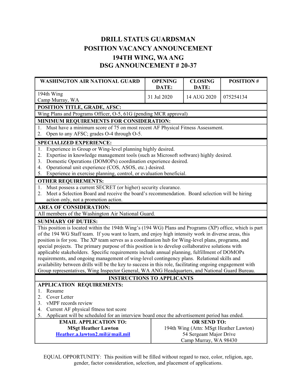 Drill Status Guardsman Position Vacancy Announcement 194Th Wing, Wa Ang Dsg Announcement # 20-37