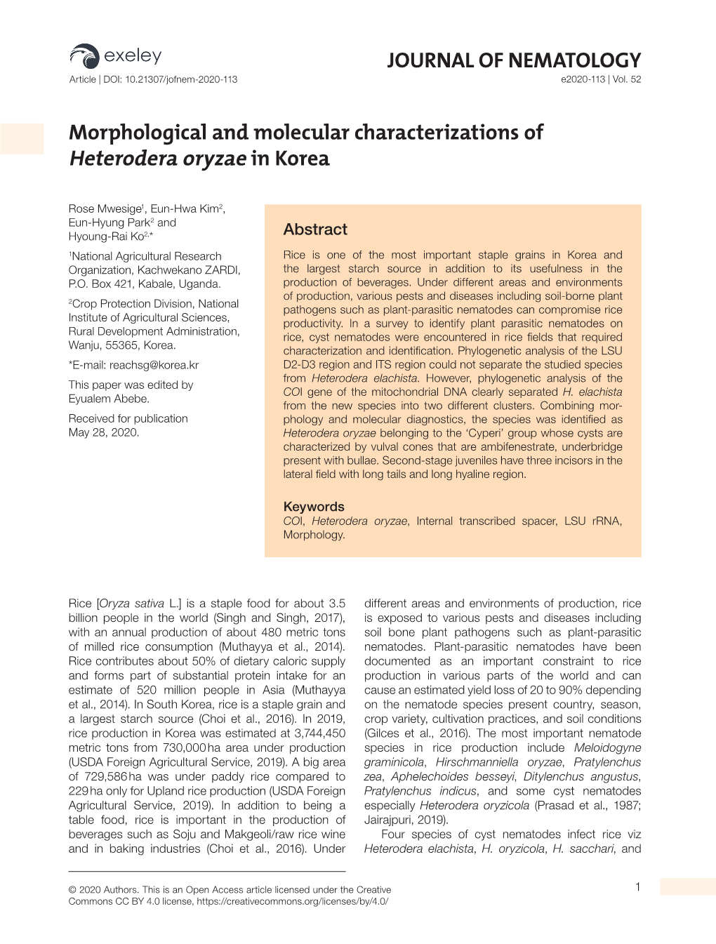 JOURNAL of NEMATOLOGY Morphological and Molecular Characterizations of Heterodera Oryzae in Korea