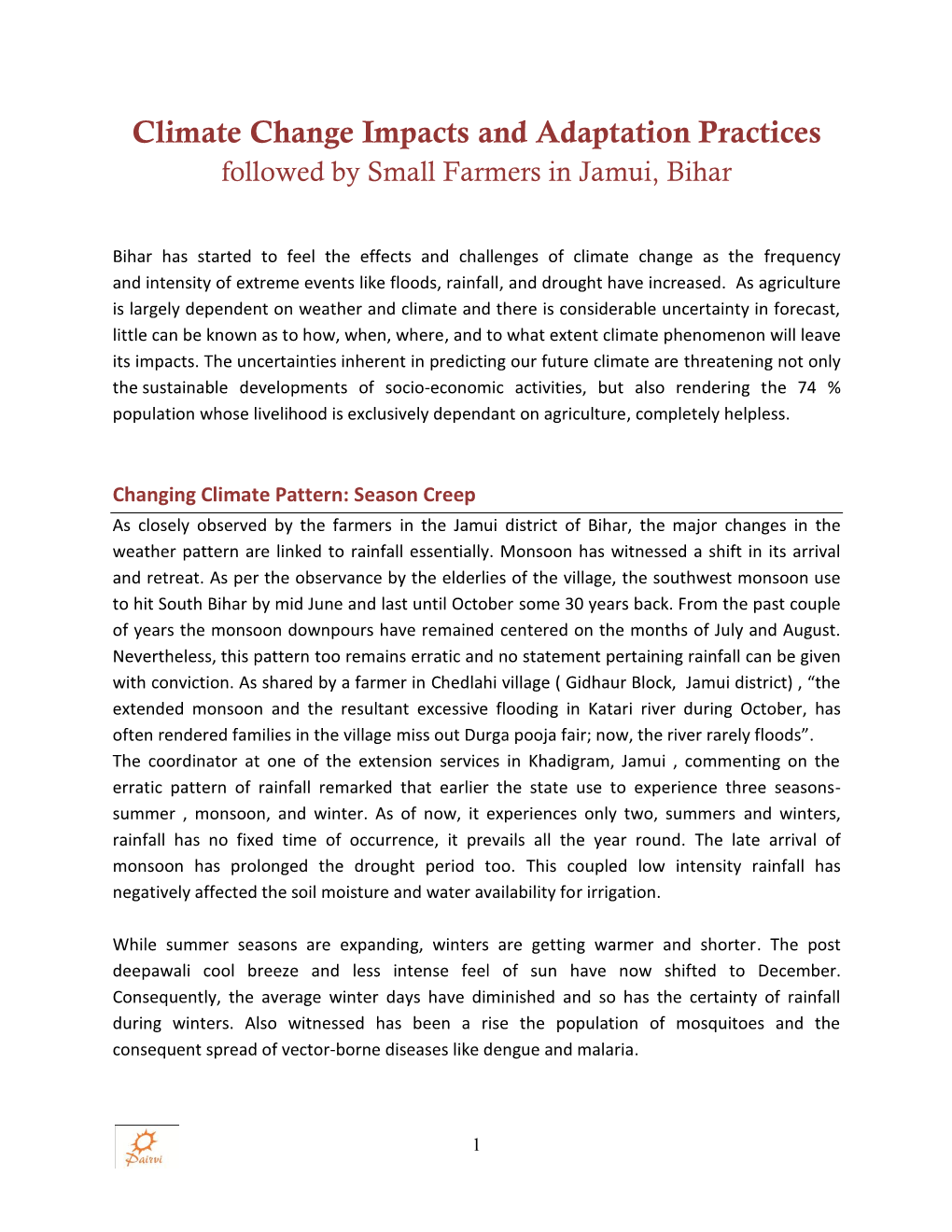 Climate Change Impacts and Adaptation Practices Followed by Small Farmers in Jamui, Bihar