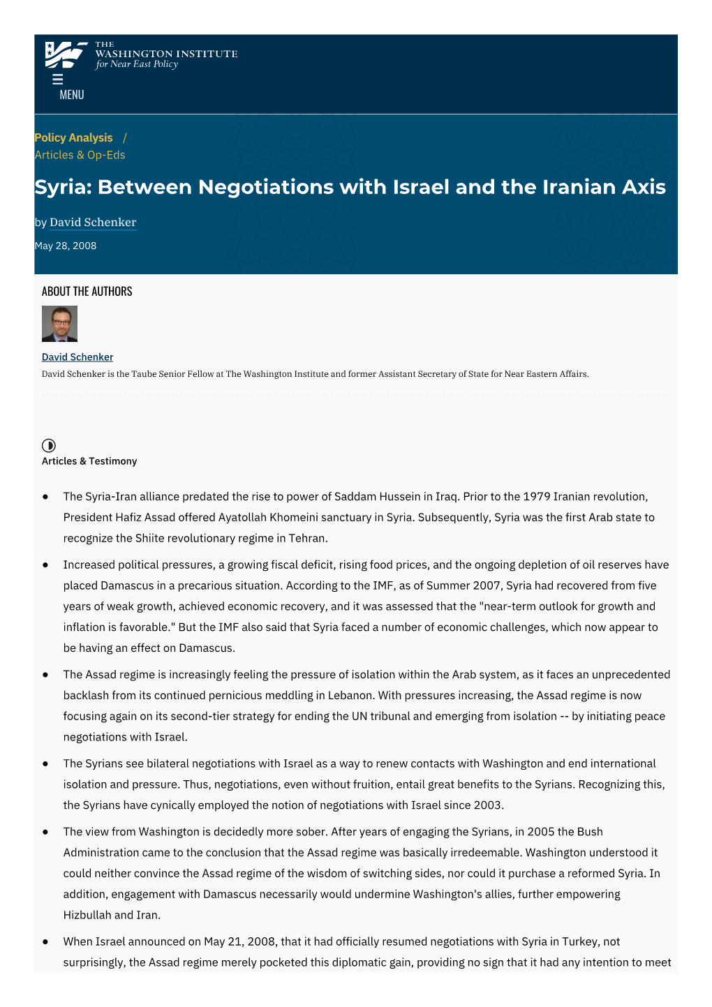 Syria: Between Negotiations with Israel and the Iranian Axis | the Washington Institute