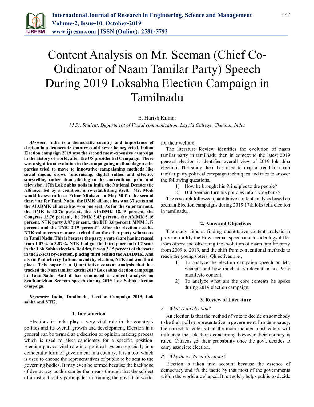 Content Analysis on Mr. Seeman (Chief Co- Ordinator of Naam Tamilar Party) Speech During 2019 Loksabha Election Campaign in Tamilnadu