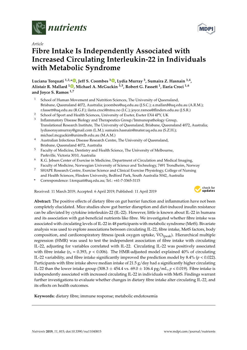 Fibre Intake Is Independently Associated with Increased Circulating Interleukin-22 in Individuals with Metabolic Syndrome