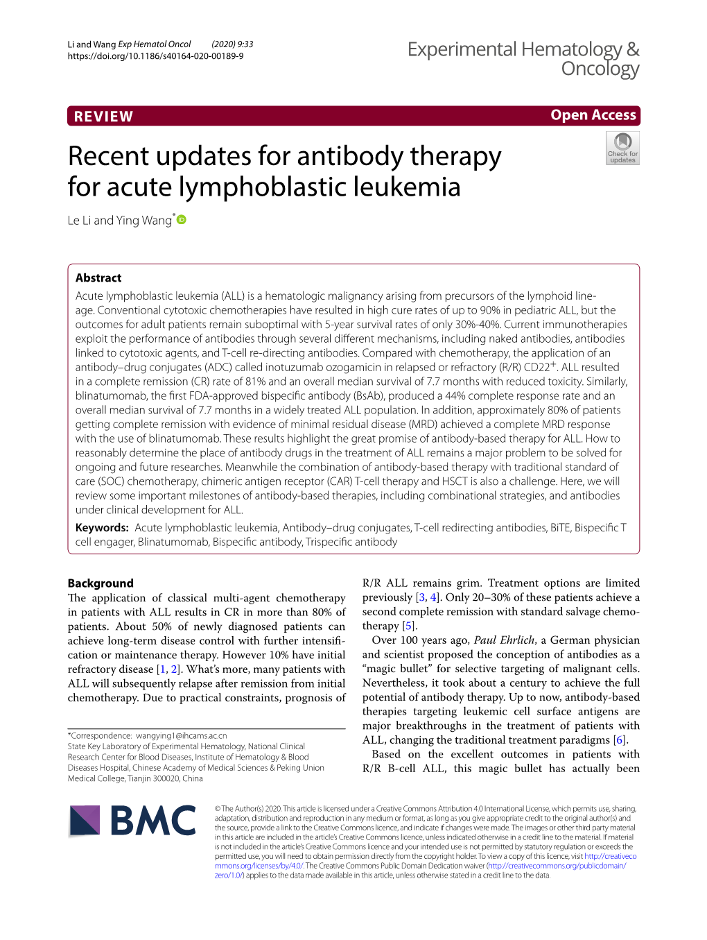 Recent Updates for Antibody Therapy for Acute Lymphoblastic Leukemia Le Li and Ying Wang*