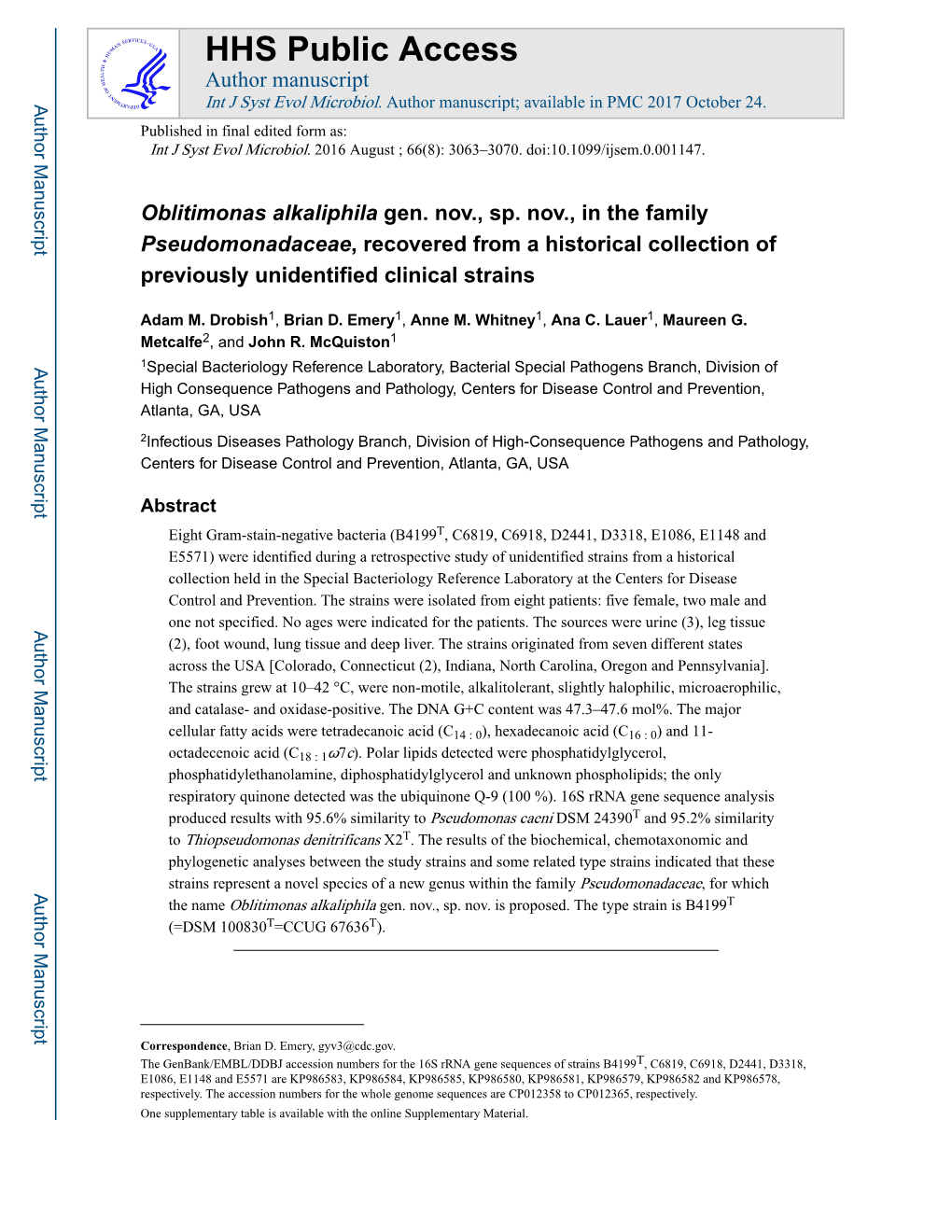 Oblitimonas Alkaliphila Gen. Nov., Sp. Nov., in the Family Pseudomonadaceae, Recovered from a Historical Collection of Previously Unidentified Clinical Strains