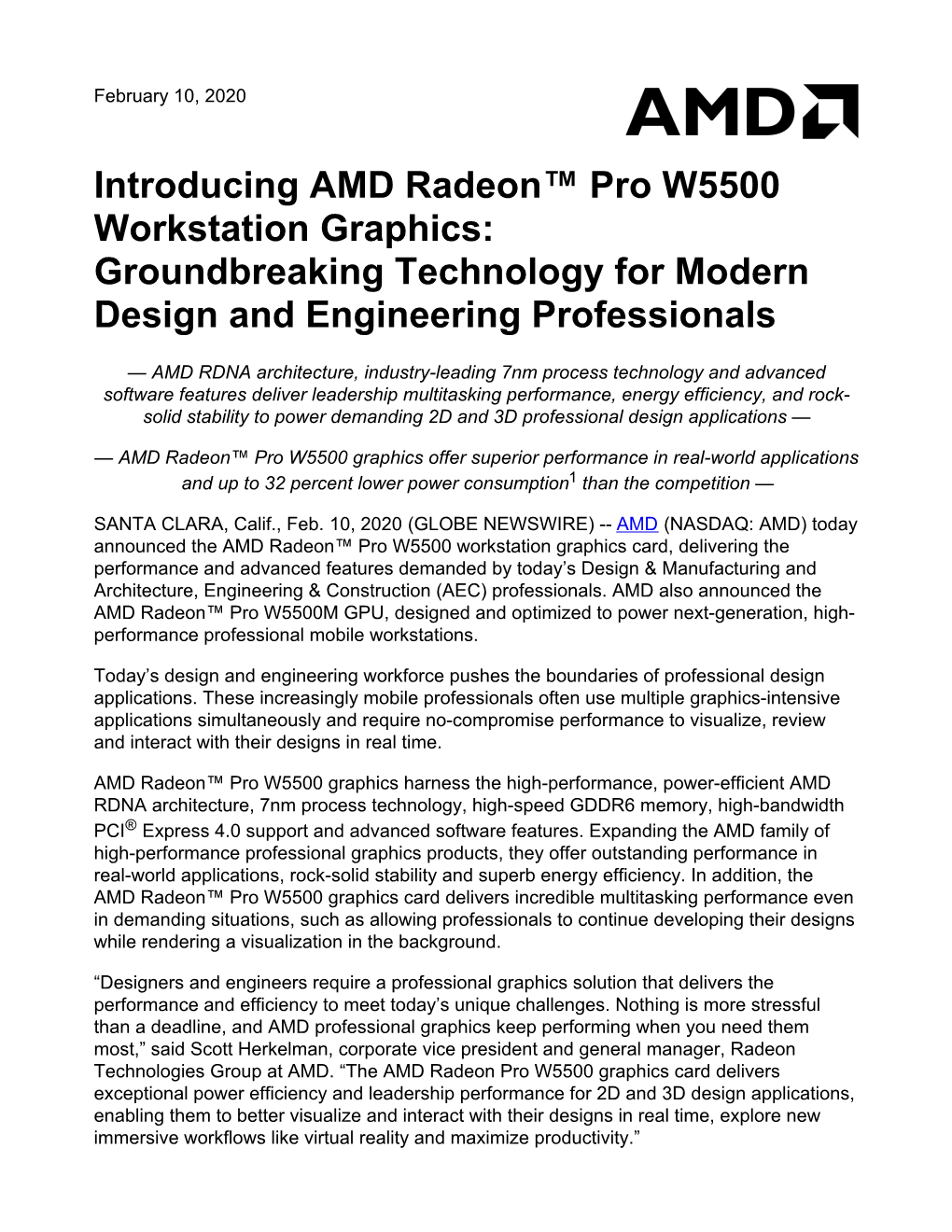 Introducing AMD Radeon™ Pro W5500 Workstation Graphics: Groundbreaking Technology for Modern Design and Engineering Professionals