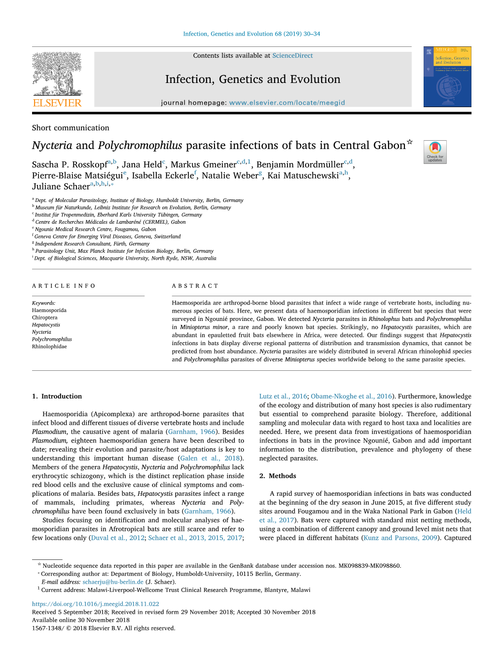 Nycteria and Polychromophilus Parasite Infections of Bats in Central Gabon T Sascha P