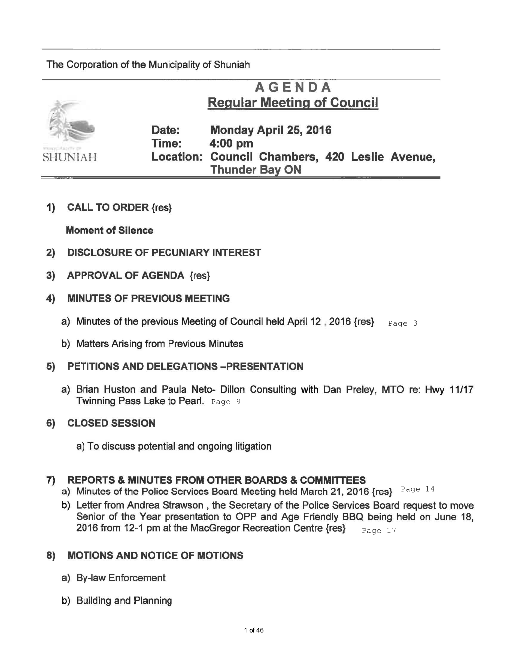 AGENDA Regular Meeting of Council