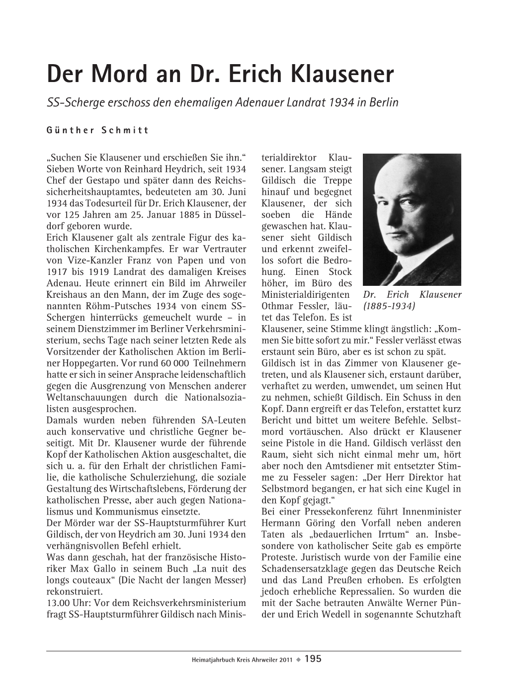 Der Mord an Dr. Erich Klausener SS-Scherge Erschoss Den Ehemaligen Adenauer Landrat 1934 in Berlin