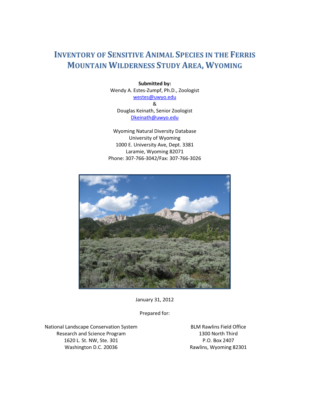 Inventory of Sensitive Animal Species in the Ferris Mountain Wilderness Study Area, Wyoming