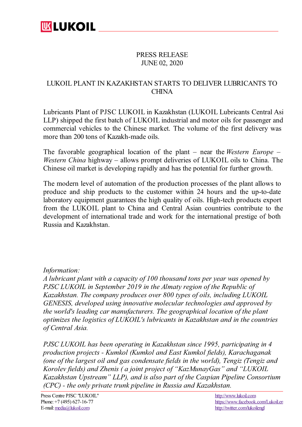 Press Release June 02, 2020 Lukoil Plant in Kazakhstan