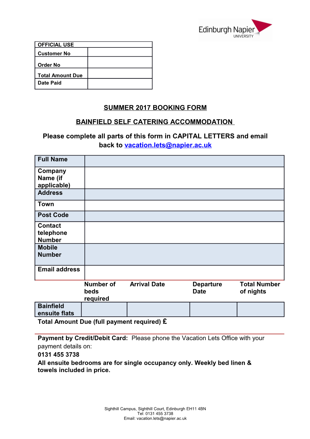 Edinburgh Napier University Accommodation Booking Form 2013