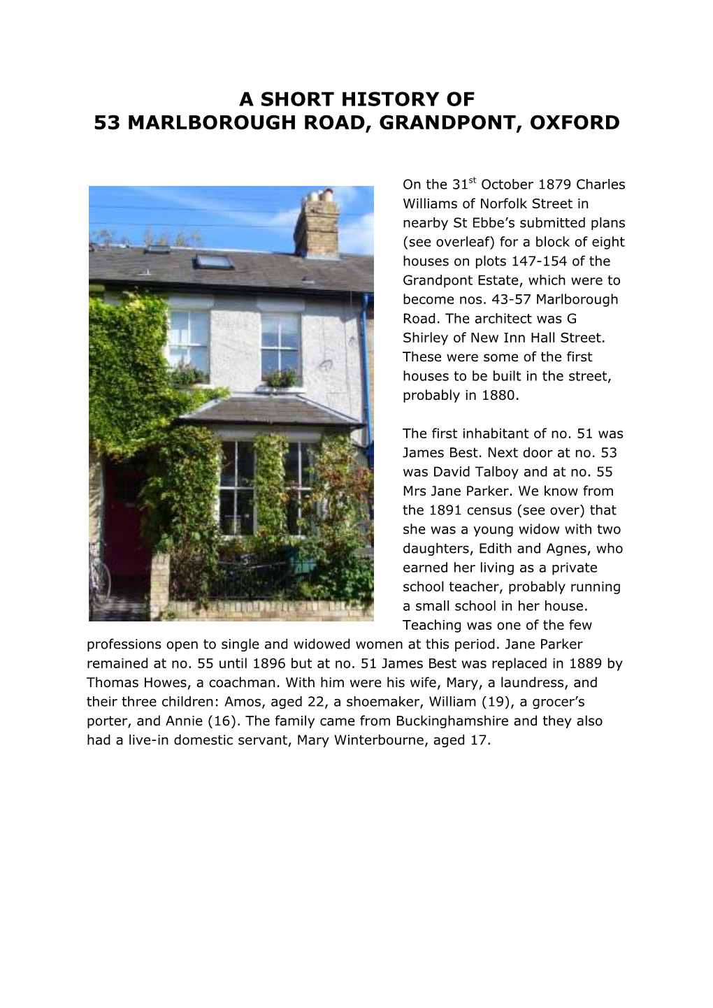 A Short History of 53 Marlborough Road, Grandpont, Oxford