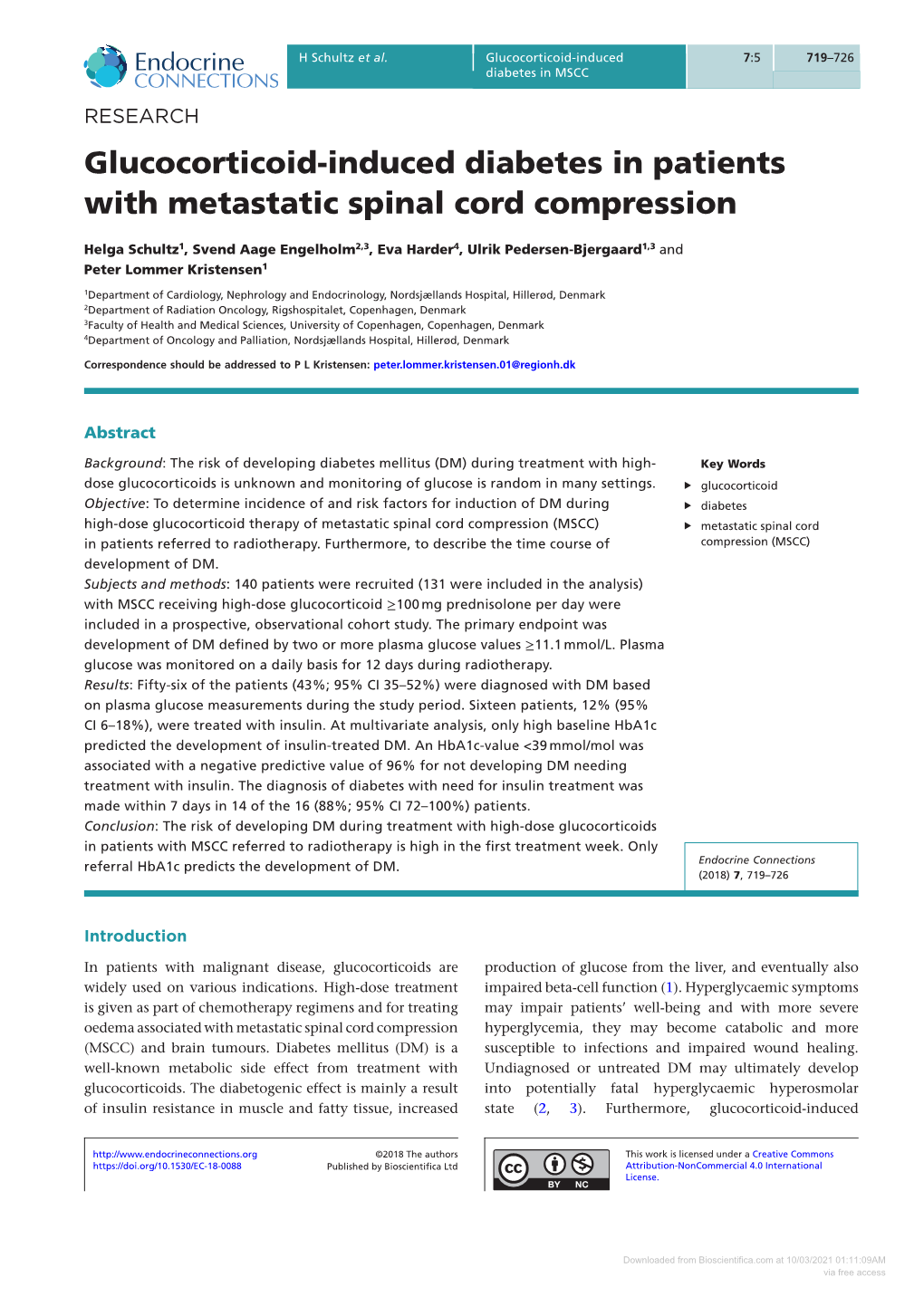 Glucocorticoid-Induced Diabetes in Patients with Metastatic Spinal Cord Compression