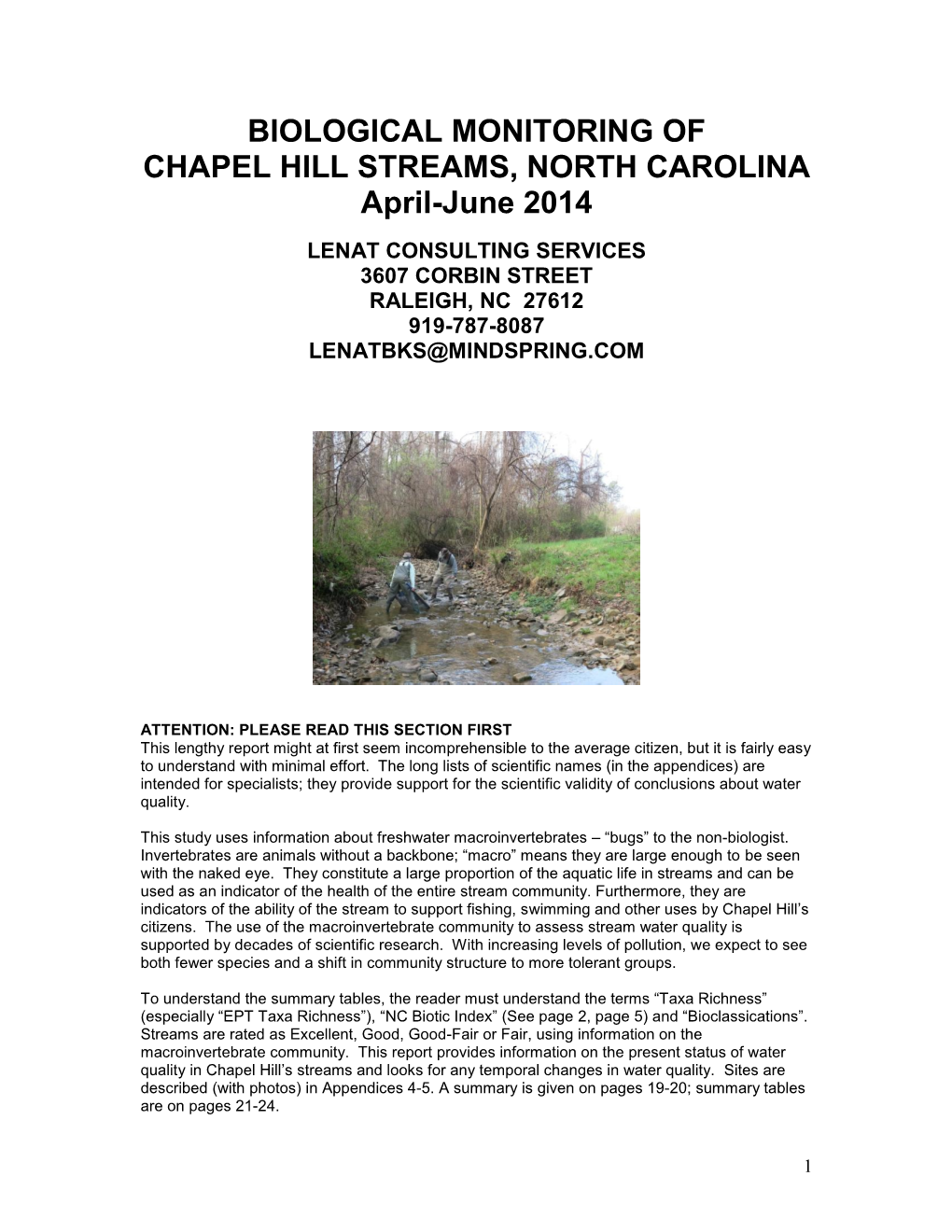 BIOLOGICAL MONITORING of CHAPEL HILL STREAMS, NORTH CAROLINA April-June 2014