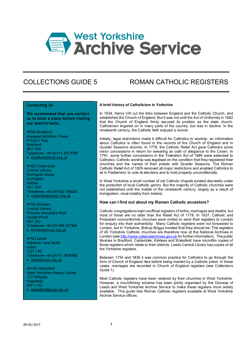 Collections Guide 5 Roman Catholic Registers