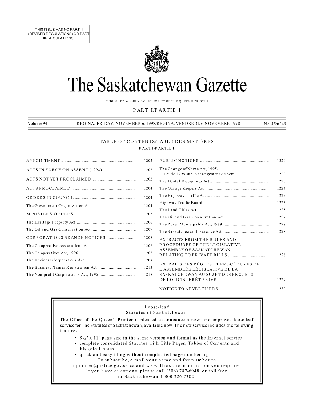 Sask Gazette Part I, Nov 6, 1998