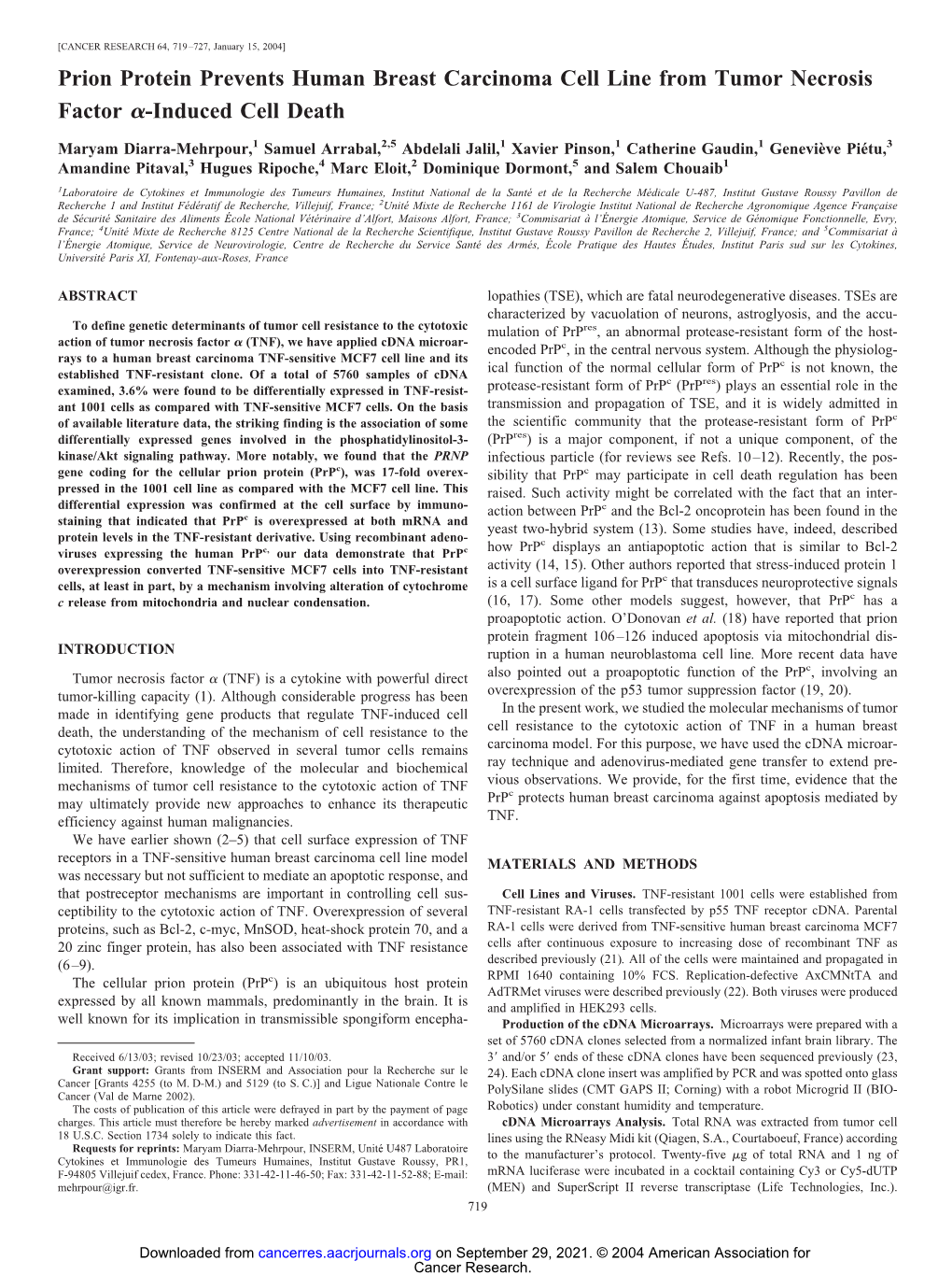 Prion Protein Prevents Human Breast Carcinoma Cell Line from Tumor Necrosis Factor ␣-Induced Cell Death